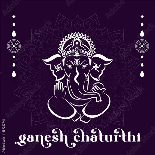 Traditional Ganesh Chaturthi vector design with minimalist Ganesha line art and ornamental background great for spiritual event promotions flyers and cultural graphics