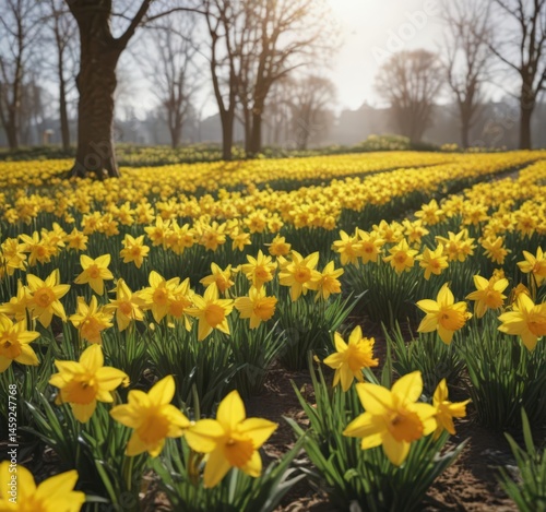 Sunlit field of vibrant yellow daffodils blooming ,  beautiful,  outdoor