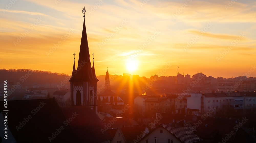 Naklejka premium Golden sunset cityscape with church spires silhouetted against a vibrant orange sky, showcasing a tranquil urban scene at dusk. : Generative AI