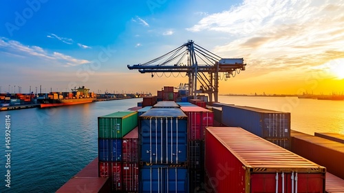 Sunset over a busy container port, showcasing a cargo ship loaded with colorful shipping containers and a large crane silhouetted against the vibrant sky. : Generative AI