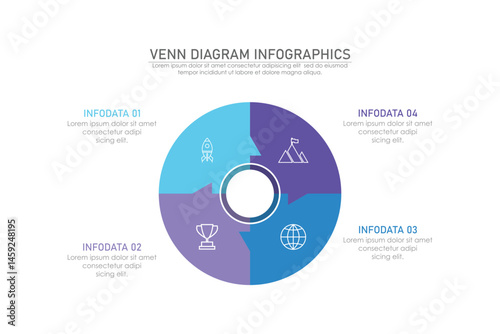 Venn diagram infographic chart template for business 3, 4, 6 parts, options, presentation with venn diagram elements vector illustration.