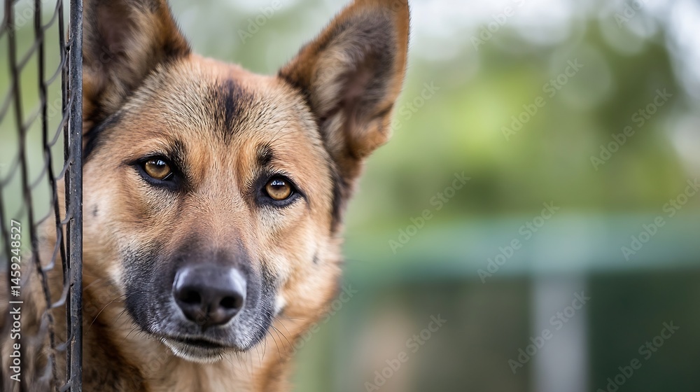 Fototapeta premium Close-up portrait of a German Shepherd dog peering through a wire fence, its expressive brown eyes and attentive gaze captivating the viewer against a blurred green background. : Generative AI