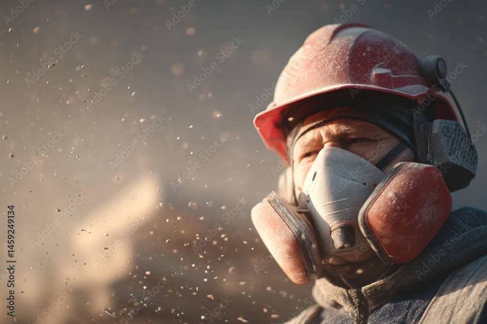Fototapeta premium A construction worker wearing a protective mask and helmet stands amidst flying dust particles at a worksite.