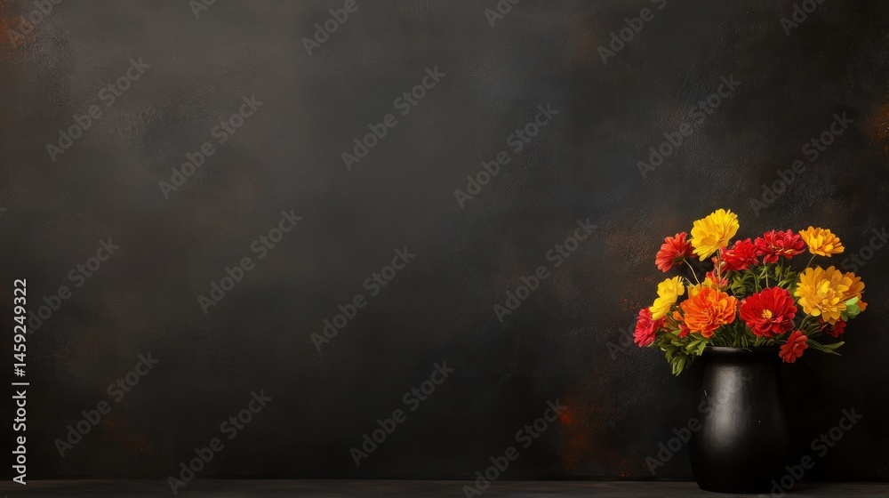 Fototapeta premium Autumnal Bouquet: Vibrant Flowers in Black Vase Against Dark Background