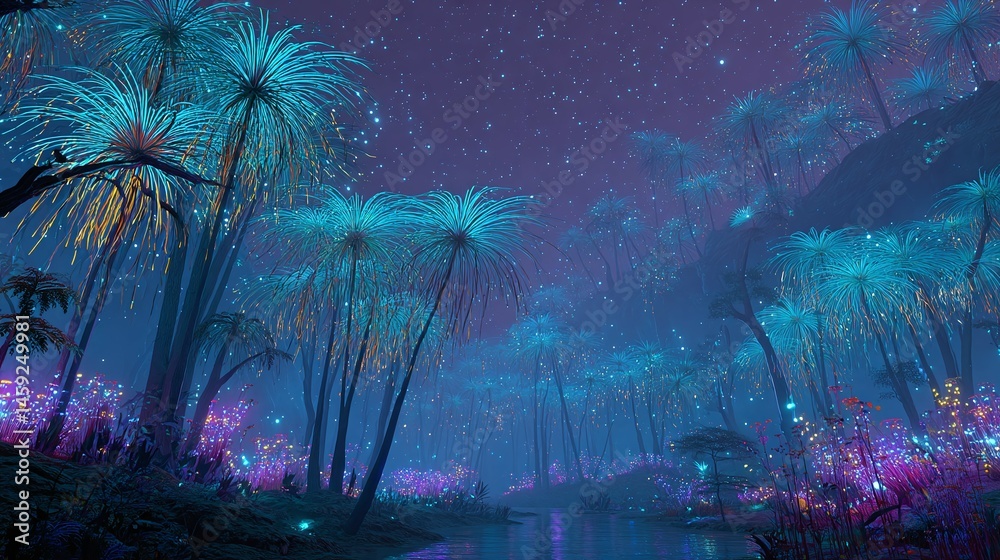 Fototapeta premium Forest landscape with glowing trees and plants under a starry night sky.