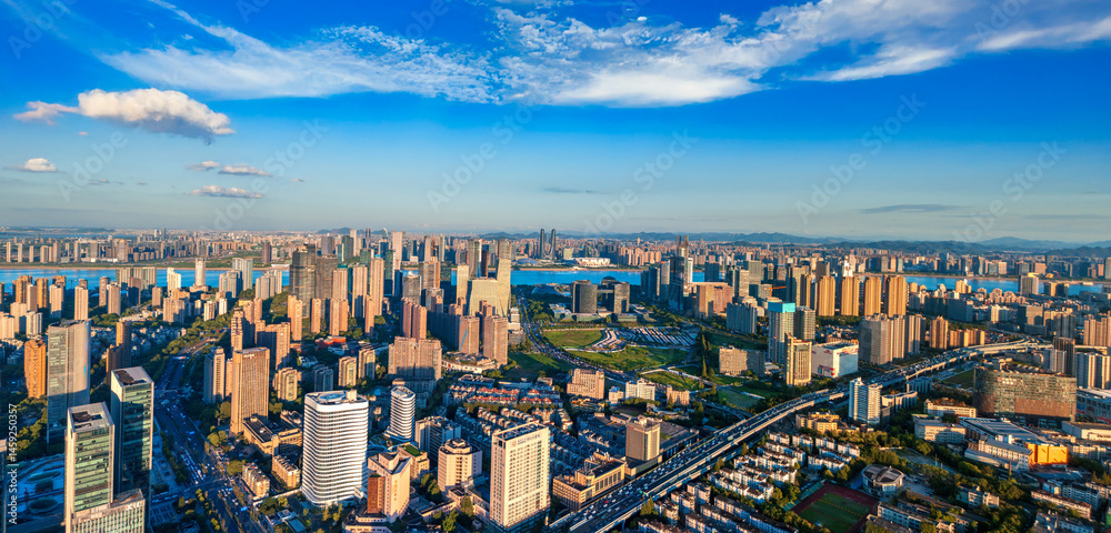 Fototapeta premium Aerial view of Qianjiang New Town, Hangzhou, Zhejiang, China