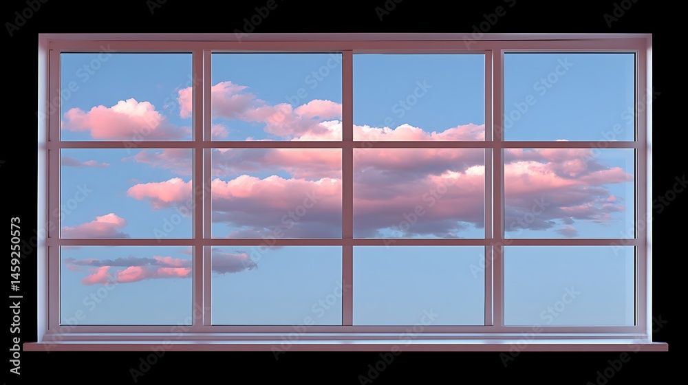 Fototapeta premium Pink Sunset Cloudscape Viewed Through Paned Window.