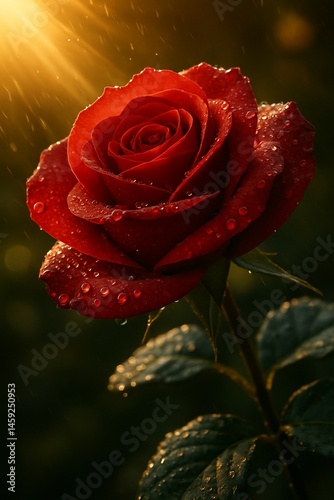 Stunning Close-Up of a Dewy Red Rose in Golden Sunlight.
