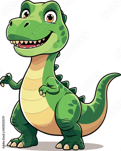 Cute green cartoon baby dino character smiles, a fun reptile illustration reminiscent of a comic drawing
