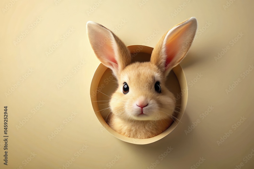 Obraz premium 3D Rendered Easter Bunny Peeking, Cream Background, Easter Bunny Hole, Spring Holiday, Cute Bunny, Easter Decoration