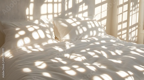Sunlight patterns on a pristine white bed.