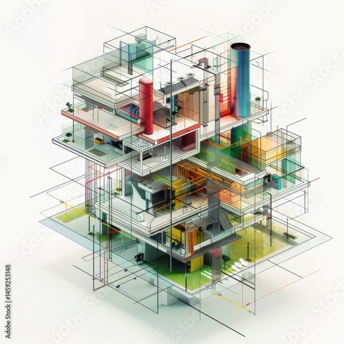 Abstract Isometric Illustration of a Multilevel Building Interior