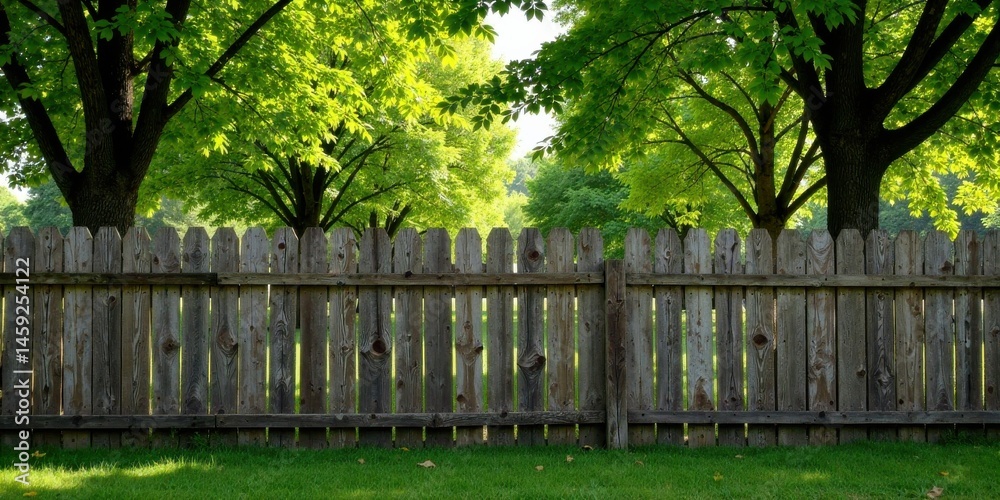 Fototapeta premium Wooden fence separating a verdant lawn from a sun-dappled grove of trees