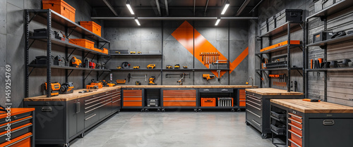 Modern workshop or garage interior with organized tools and equipment on shelves