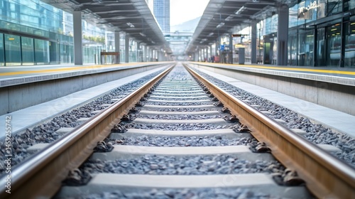 Modern train station platform with railway tracks receding into the distance, showcasing a clean, contemporary design and architectural details. : Generative AI photo