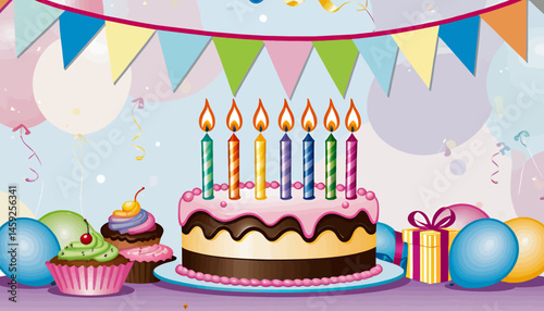 Birthday Cake and Cupcakes with Balloons and Gift Cartoon Illustration_Celebration_Party_Sweets_Bratthday Banner Decoration_Festive_Colorful Candles