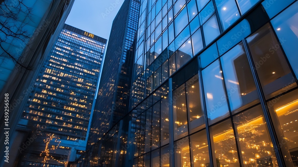 Fototapeta premium Evening cityscape featuring modern glass skyscrapers reflecting city lights, showcasing architectural details and urban ambiance at dusk. : Generative AI
