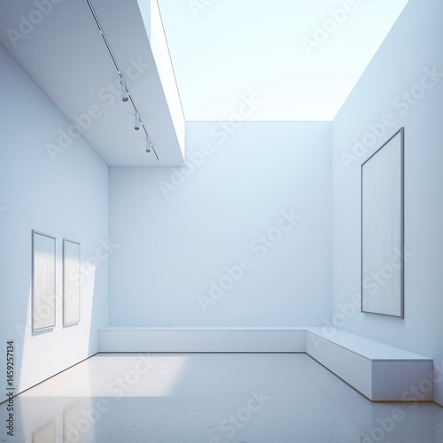 Bright White Minimalist Gallery Interior with Sunlight and Empty Canvases