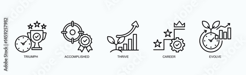 Success Journey Icon Set Isolated Vector With Icon Of Triumph, Accomplished, Thrive, Career, Evolve In Outline Style