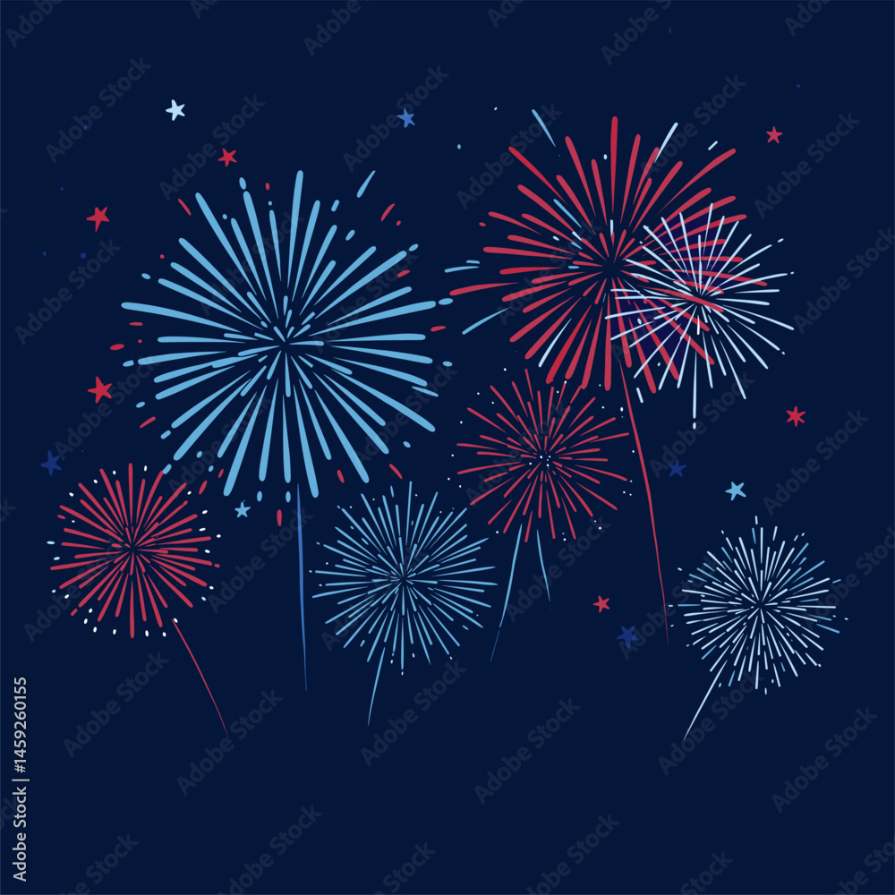 Red and blue fireworks under a night sky for 4th of July celebration, perfect illustration for American Independence Day themed designs and marketing