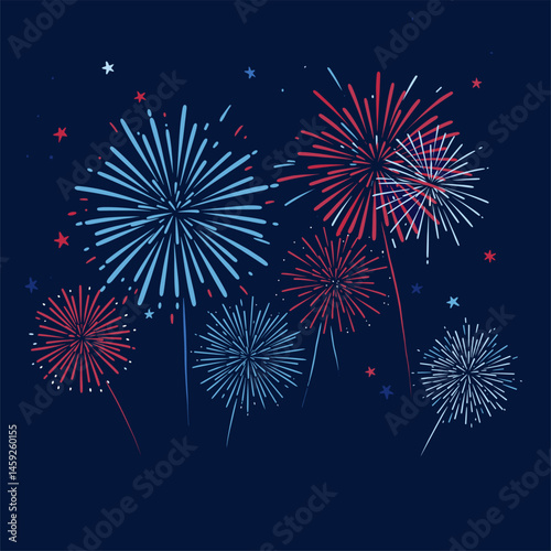 Red and blue fireworks under a night sky for 4th of July celebration, perfect illustration for American Independence Day themed designs and marketing