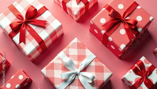 Red and white checkered gift boxes, festive pattern, wrapping, minimal
