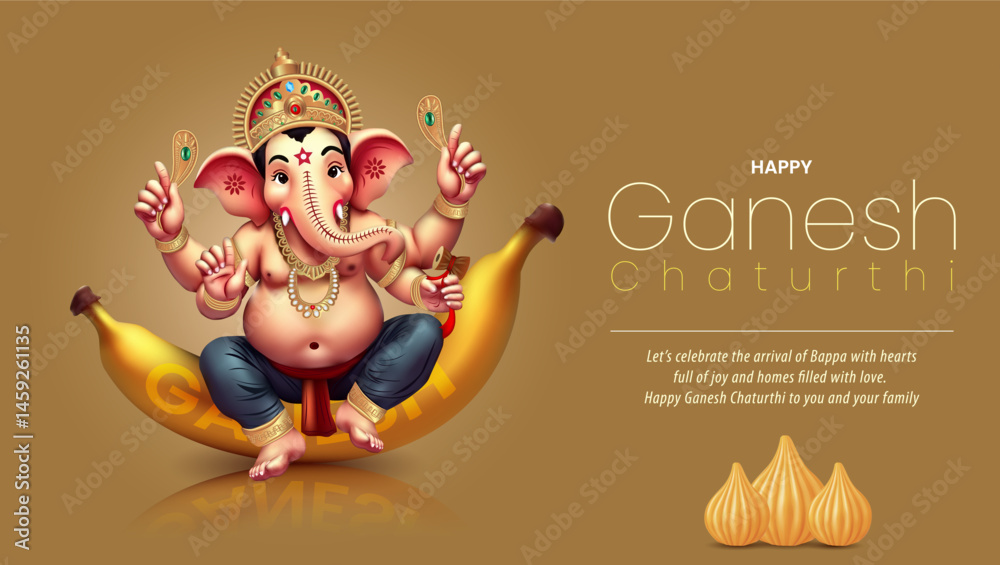 Naklejka premium Cute baby Ganesha sitting on a banana with modak sweets and Ganesh Chaturthi wishes perfect for festive posters Hindu celebration cards and Indian religious artwork