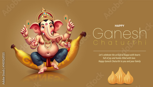 Cute baby Ganesha sitting on a banana with modak sweets and Ganesh Chaturthi wishes  perfect for festive posters Hindu celebration cards and Indian religious artwork