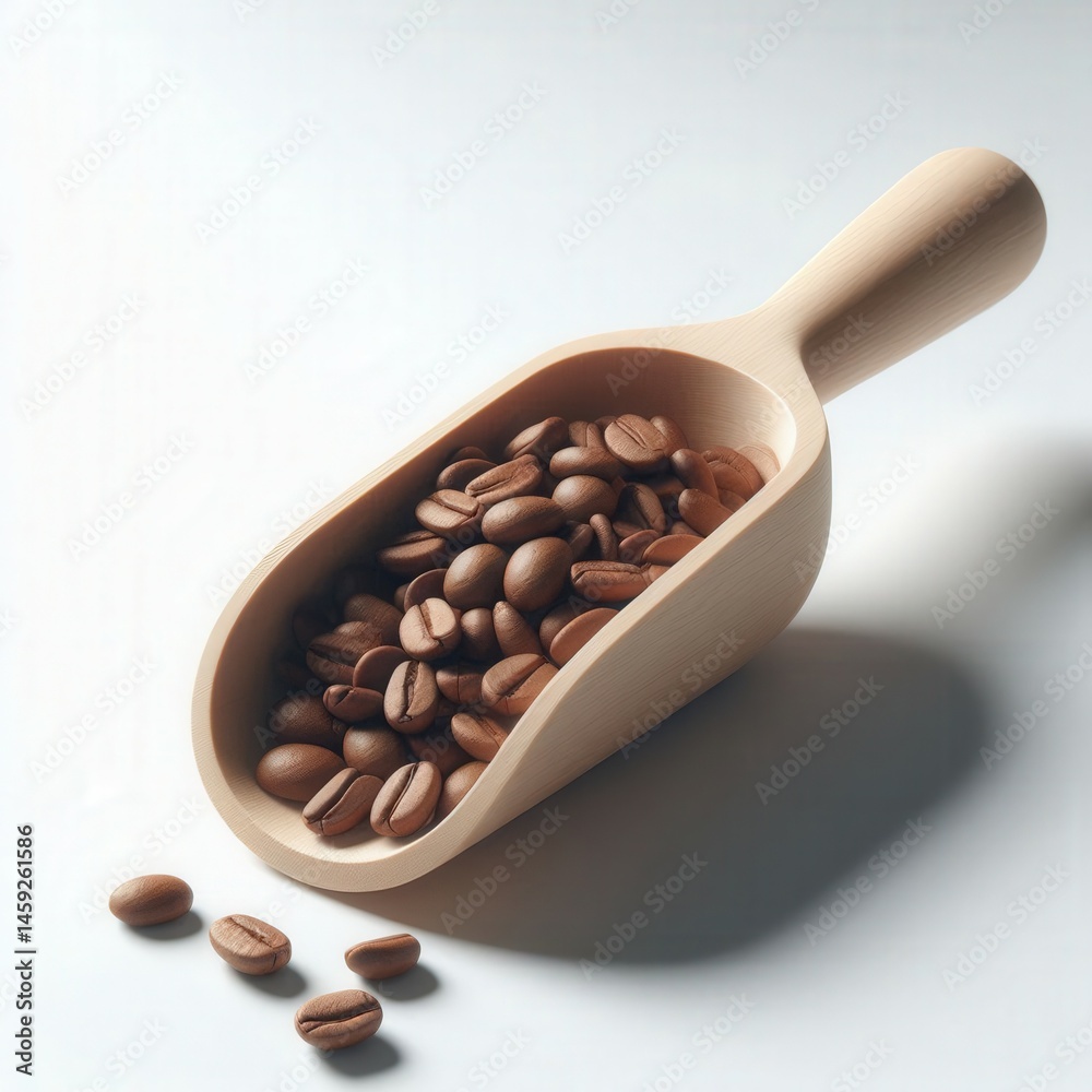 Fototapeta premium Wooden Scoop with Roasted Coffee Beans – Side View on White