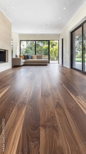 Modern Living Room with Walnut Wood Flooring and Garden View