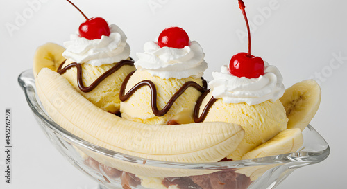 Delicious Banana Split with Vanilla Ice Cream and Cherries Cut Out Transparent Png