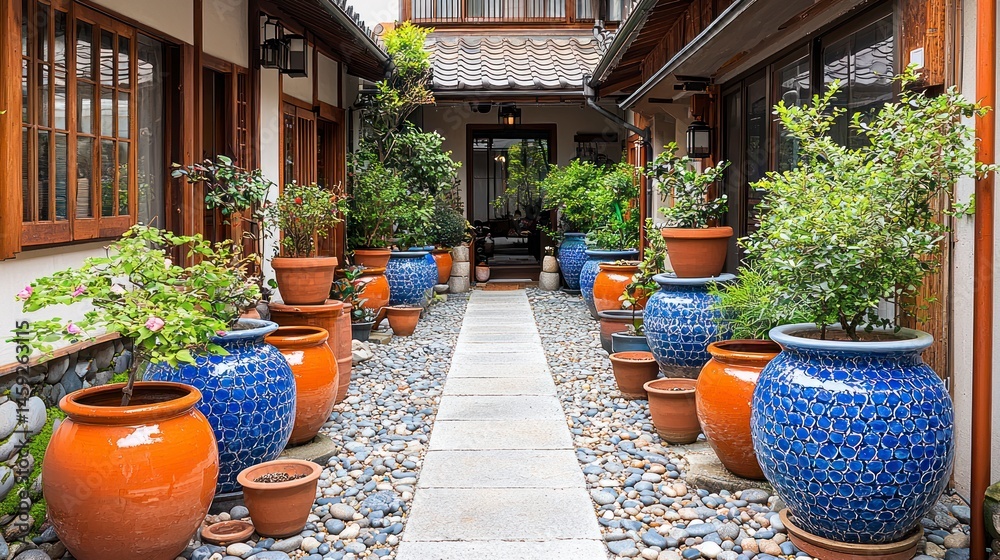 Fototapeta premium Pathway lined with pottery, plants, and stonework