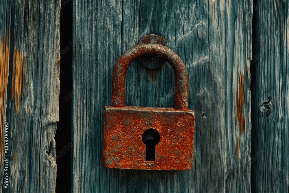 Rusty padlock on weathered wooden boards Rusty padlock on weathered wooden boards