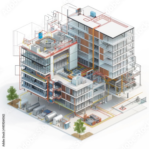 Isometric View of a Modern Building's Internal Structure and Systems