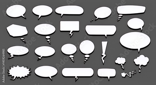 Collection of diverse comic speech bubbles, thought bubbles, and other graphic elements for communication design. Ideal for cartoons, comics, and visual storytelling.