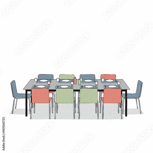Dining Table Set with Plates and Colorful Chairs Vector


