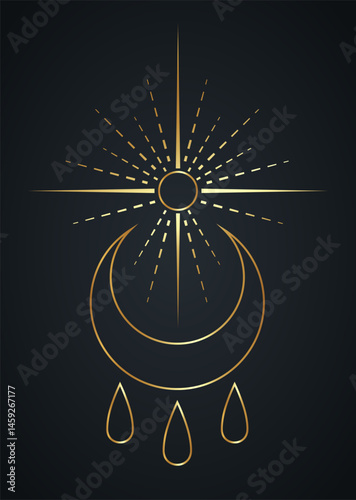 Blessed witch sign and sacred sun, gold symbol of blessing. The moon represents the goddess in every women. The three drops represents the maiden, the mother and the crone. Vector wicca protection