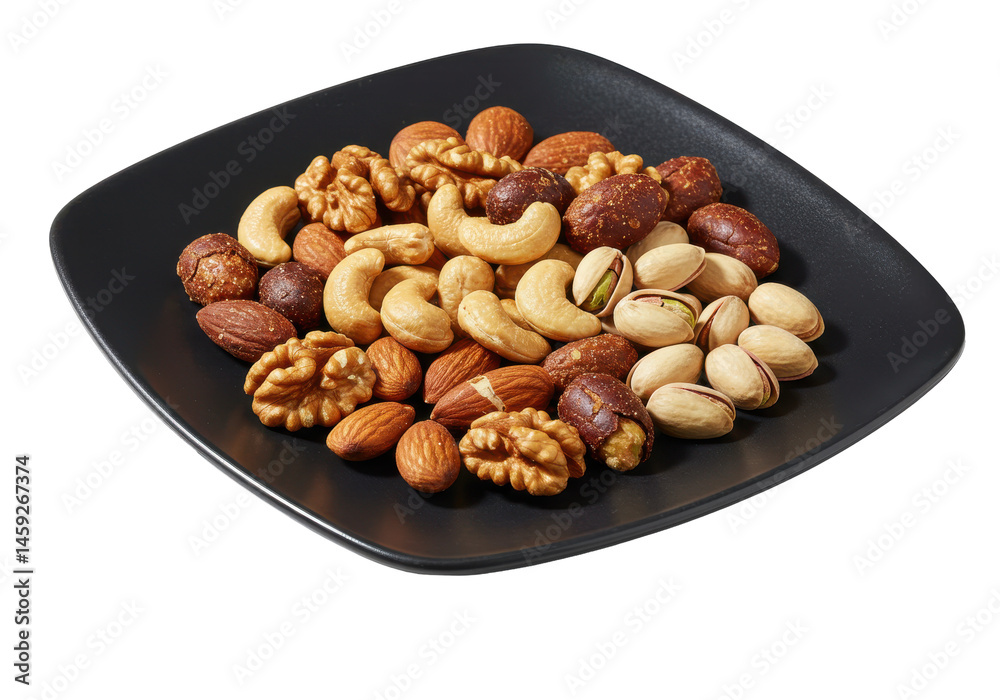 An array of nuts on a black plate a nutritious and delicious snack An array of nuts on a black plate a nutritious and delicious snack