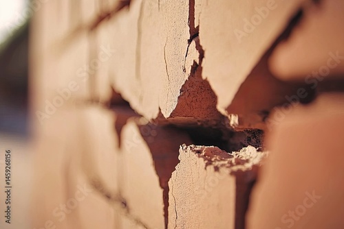 Close-up view of a cracked brick wall section.  Damaged mortar and bricks show deterioration