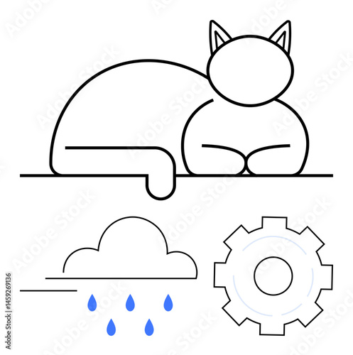 Simplistic outline of a resting cat alongside a cloud with raindrops and a gear symbol. Ideal for pets, weather, engineering, balance, minimalism, technology, and nature. Perfect for a simple landing