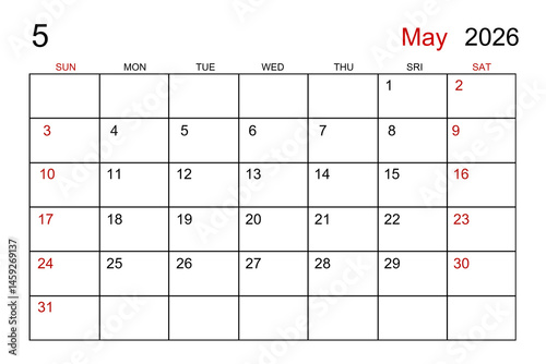 Blank white calendar page for May 2026 year for your appointment.