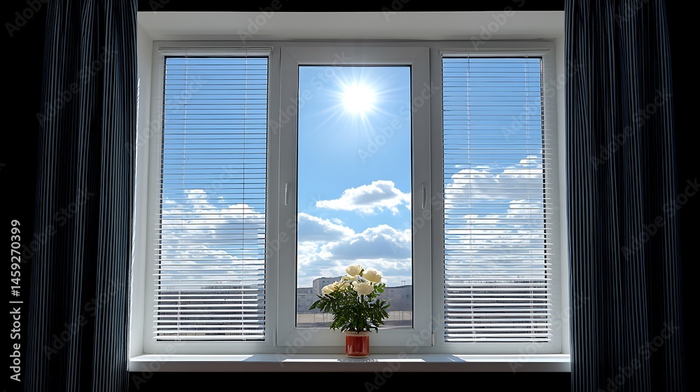 Obraz premium Sunny Day View Through Modern Window with Flowers.