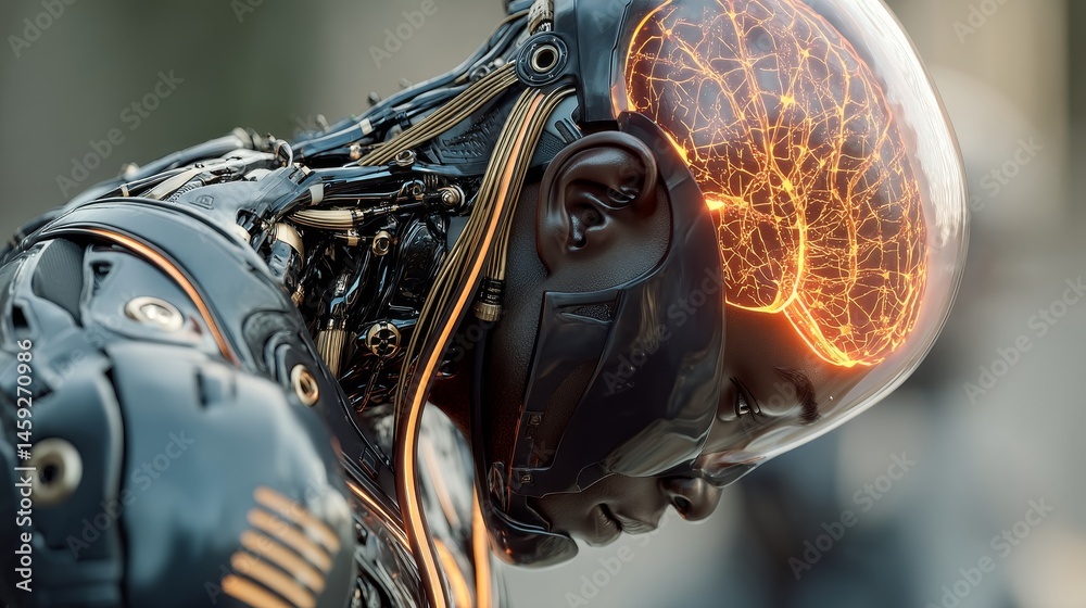 Fototapeta premium Advanced humanoid robot with glowing neural network and mechanical body in a futuristic sci-fi environment