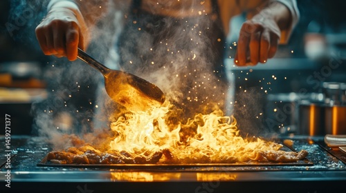 Cooking Food on Flat Top with Flames and Spatula