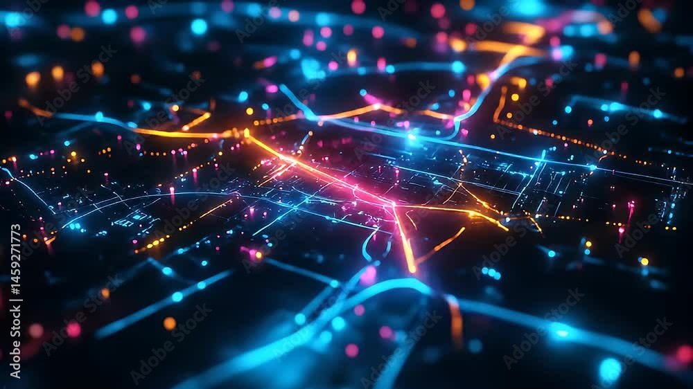 Abstract city map with vibrant neon lines. Abstract city map with vibrant neon lines.