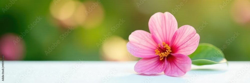 Fototapeta premium White surface with an isolated flower in focus, garden, white background