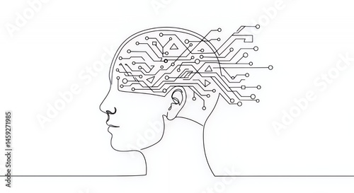 Digital Mind: A Single Line Drawing of a Human Head with Circuitry Representing Artificial Intelligence and Technological Brainpower