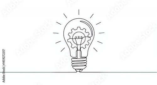 Ingenious Idea: One-Line Lightbulb with Gears Symbolizing Innovation and Creativity
