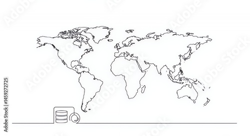 Global Network: World Map with Database Icon Illustrating Worldwide Data Connectivity