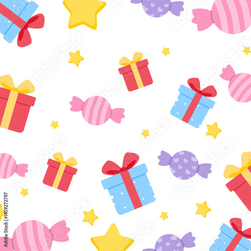 Gift boxes seamless pattern with candy and star decoration. Cute gift illustration. Can be used for wallpaper, paper wrapping and fashion fabric